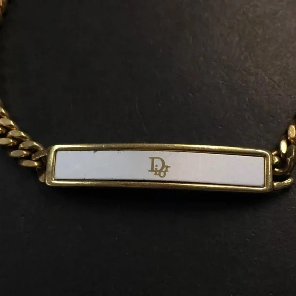 Dior Gold Curb Chain Bracelet W Logo Plaque White Accent - Picture 9 of 15